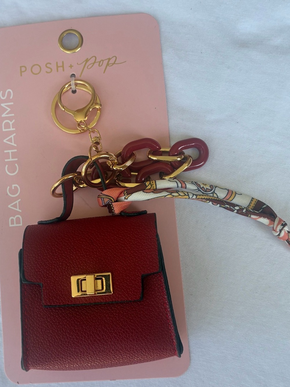 Red Mini Bag Charm Keychain with Gold Hardware